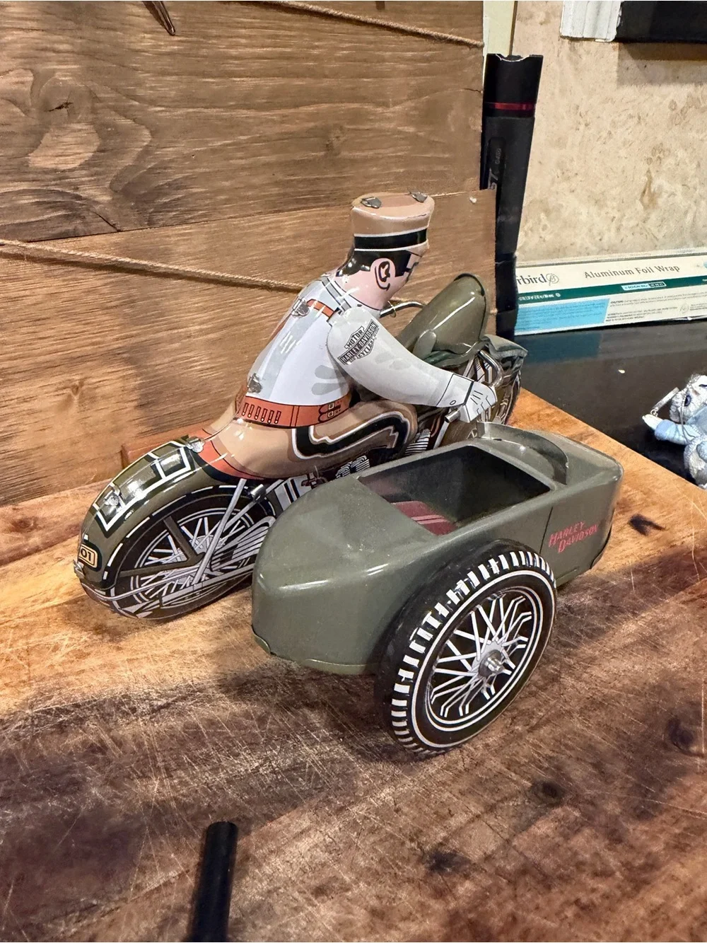 Harley-Davidson Olive Green & Tan Tin Motorcycle with Sidecar